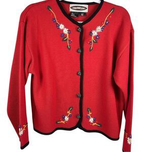 Obermeyer Vintage Red Wool Floral Embroidered Grandma Cardigan Sweater Medium